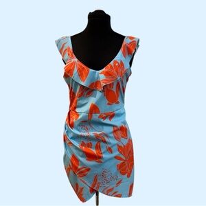 Sky Blue Mini Dress with Bold Orange Floral Print M
